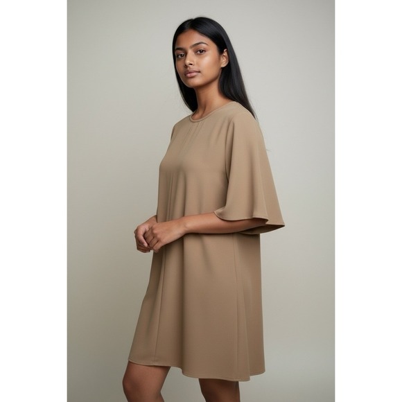 Oak + Fort Women's Belted Tunic Top XL Beige Short Sleeve Minimalist Split Front - Picture 6 of 6